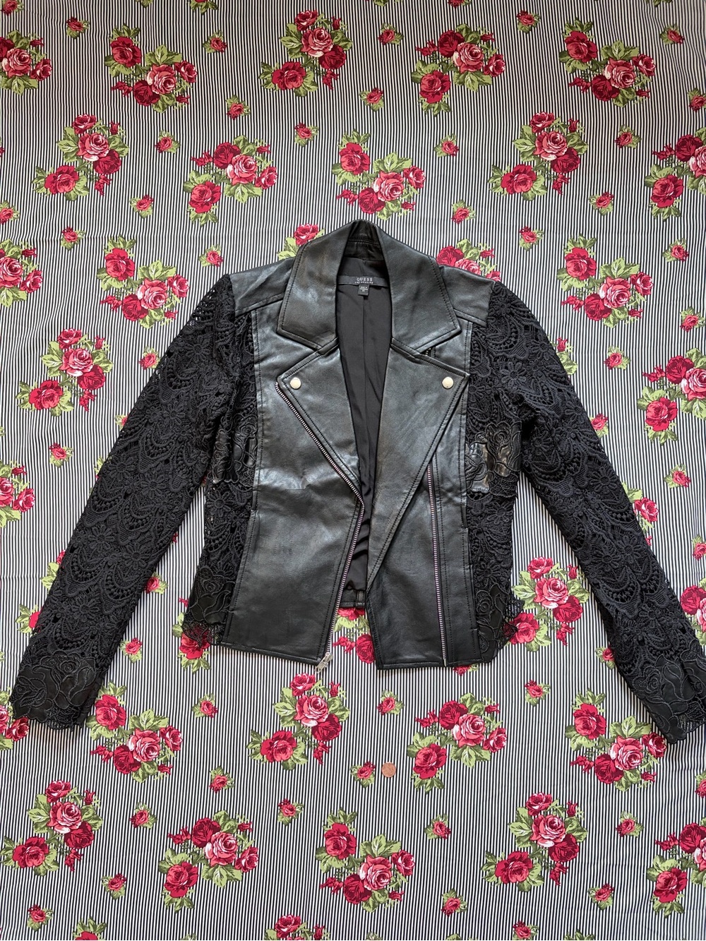 Guess Black Lace-Sleeve Faux Leather Moto Jacket